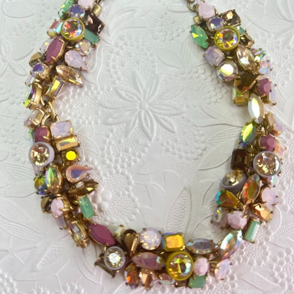 Authentic JCrew Brulee Statement Necklace Lavender Gold Tone Rinestone Chunky